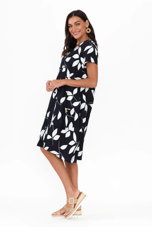 Image of Kylie Linen/Cotton Dress - Navy /White Leaf