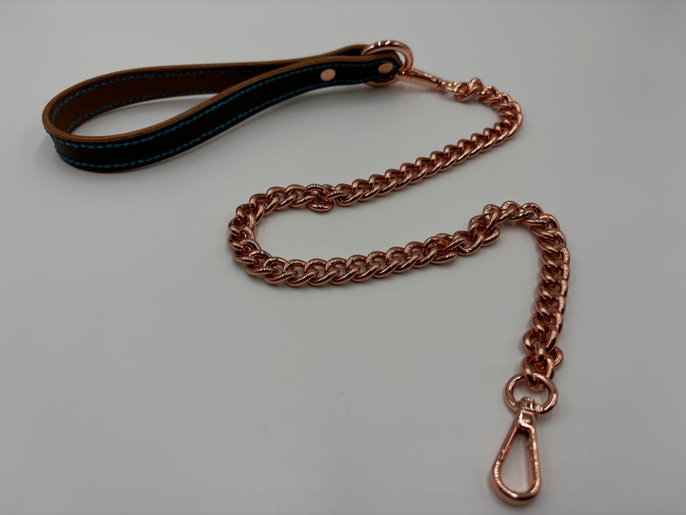 Image of Brown & Blue Rose Gold Leather Leash 