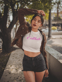 Image 1 of CELIBATE Cotton Blend Pink Logo Statement Crop Top Cropped T-shirt