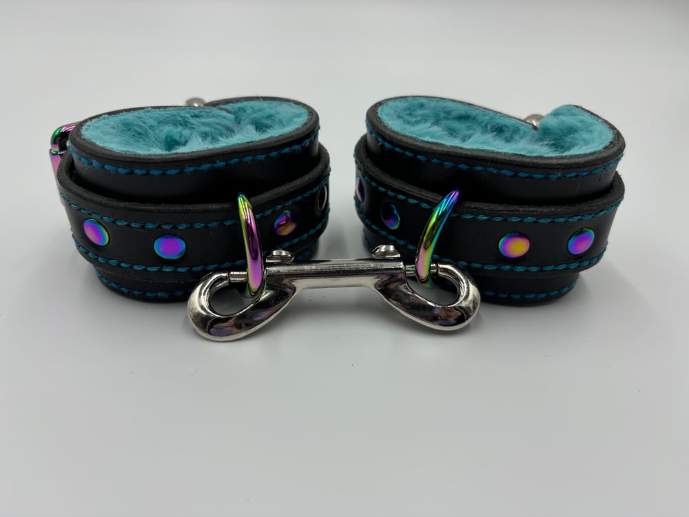Image of Black & Turquoise Rainbow Leather Cuffs
