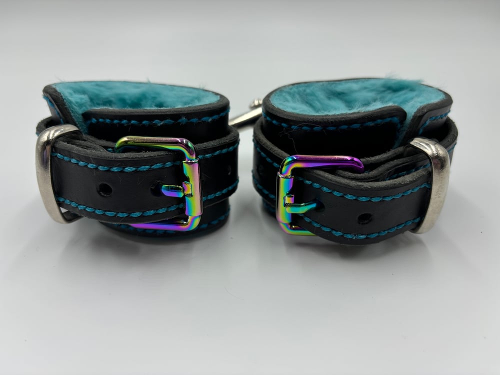 Image of Black & Turquoise Rainbow Leather Cuffs
