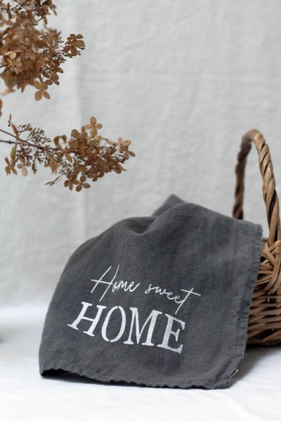 Image of Torchon lin lavé gris anthracite 'HOME SWEET HOME' (TRCHNHSHGR)