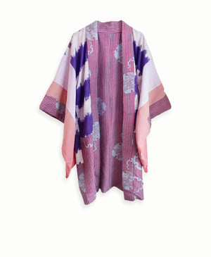 Image of Kort kimono dame af blå og lilla silke med striber - vendbar