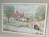 Image 3 of Vintage Eynsford Kent Watercolour Painting, River Old Ford & Bridge, Small Artwork, Framed 