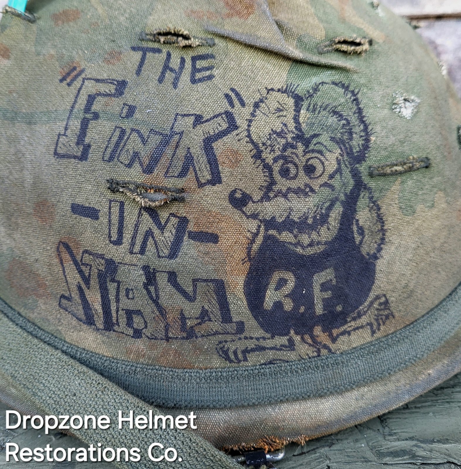 Vietnam M-1 Helmet & 1965 Liner Mitchell Camo Cover. The Fink in