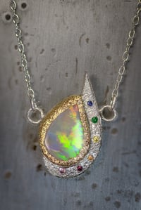 Image 1 of Coober Pedy Opal pendant in recycled silver and 9ct with emerald, ruby and sapphire