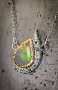 Image 2 of Coober Pedy Opal pendant in recycled silver and 9ct with emerald, ruby and sapphire