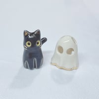 Image 3 of Glow In Dark Black Cat With Ghost Mask Ceramic Figurine (Discount price)