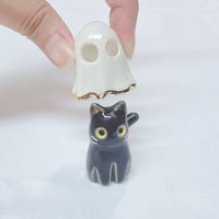 Image 4 of Glow In Dark Black Cat With Ghost Mask Ceramic Figurine (Discount price)