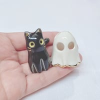 Image 5 of Glow In Dark Black Cat With Ghost Mask Ceramic Figurine (Discount price)