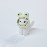 Image 2 of White kitty with frog hat ceramic figurine