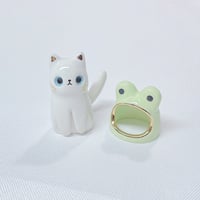 Image 3 of White kitty with frog hat ceramic figurine