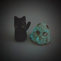 Image 7 of Glow In Dark Black Cat With Ghost Mask ceramic Figurine (white gold version)