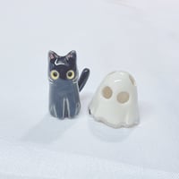 Image 3 of Glow In Dark Black Cat With Ghost Mask ceramic Figurine (white gold version)