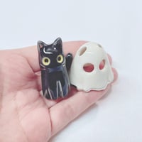 Image 4 of Glow In Dark Black Cat With Ghost Mask ceramic Figurine (white gold version)