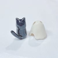 Image 5 of Glow In Dark Black Cat With Ghost Mask ceramic Figurine (white gold version)