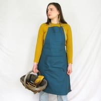 Image 1 of Garden Apron with Specialist Pockets and Gathering Pouch Feature. Blue/Green Canvas. 26:1