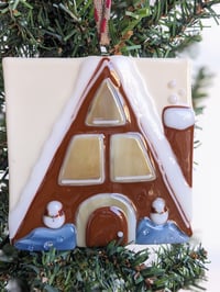 Image 3 of A-Frame Gingerbread Cabin Fused Glass Ornament 