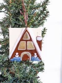 Image 1 of A-Frame Gingerbread Cabin Fused Glass Ornament 
