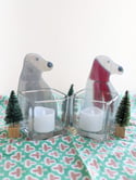 Polar Dog with Red Scarf, Fused Glass Woodland Votive with Tea Light