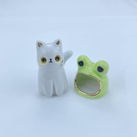 Image 3 of Gray cat with big puppy eyes frog hat ceramic figurine