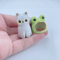 Image 4 of Gray cat with big puppy eyes frog hat ceramic figurine