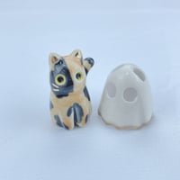 Image 3 of Glow in dark tortie kitty with ghost mask ceramic figurine (discount price)