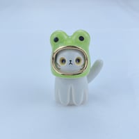 Image 1 of Gray cat with frog hat ceramic figurine #2