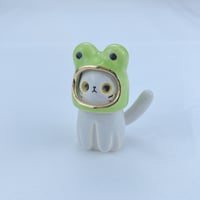 Image 2 of Gray cat with frog hat ceramic figurine #2