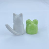 Image 5 of Gray cat with frog hat ceramic figurine #2