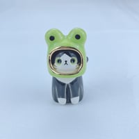 Image 1 of Tuxedo kitty with frog hat ceramic figurine