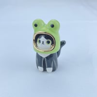 Image 2 of Tuxedo kitty with frog hat ceramic figurine