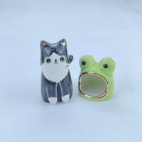 Image 3 of Tuxedo kitty with frog hat ceramic figurine