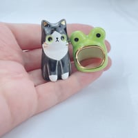 Image 4 of Tuxedo kitty with frog hat ceramic figurine