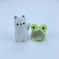 Image 3 of Gray cat with frog hat ceramic figurine (white gold version)