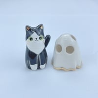 Image 1 of Glow in dark tuxedo cat with ghost mask ceramic figurine (discount price)