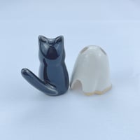 Image 5 of Glow in dark tuxedo cat with ghost mask ceramic figurine (discount price)