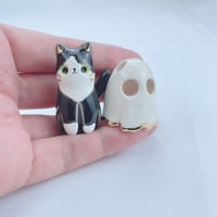 Image 4 of Glow in dark tuxedo cat with ghost mask ceramic figurine (discount price)