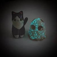 Image 7 of Glow in dark tuxedo cat with ghost mask ceramic figurine (discount price)