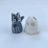 Image 3 of Glow in dark Black kitty With Ghost Mask Ceramic Figurine 