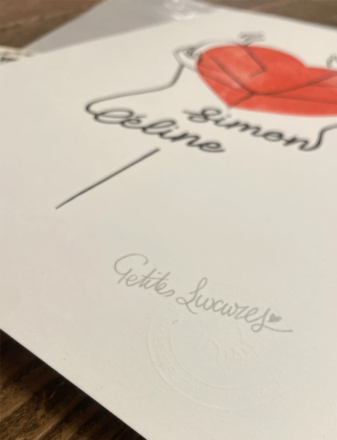 Image of "Kissing Names" customized limited handmade lino print