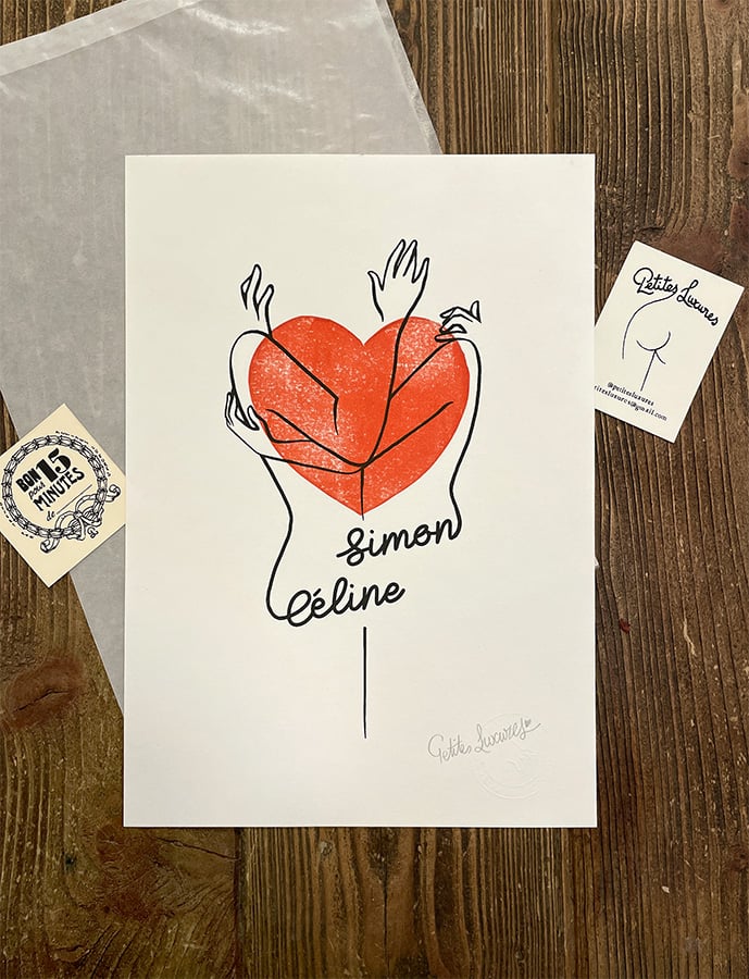 Image of "Kissing Names" customized limited handmade lino print