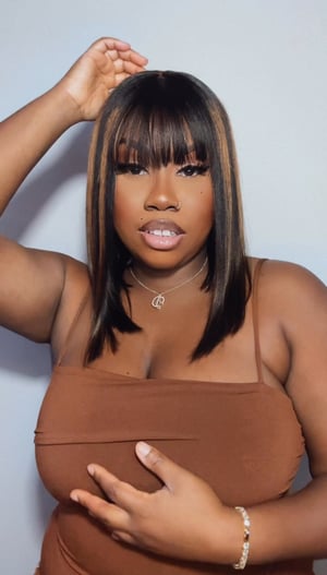 Image of Brown Highlight Closure Bob Wig with Bangs in 14”