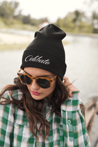 Image 1 of CELIBATE Embroidered White Logo Organic Cotton Ribbed Beanie (Unisex)