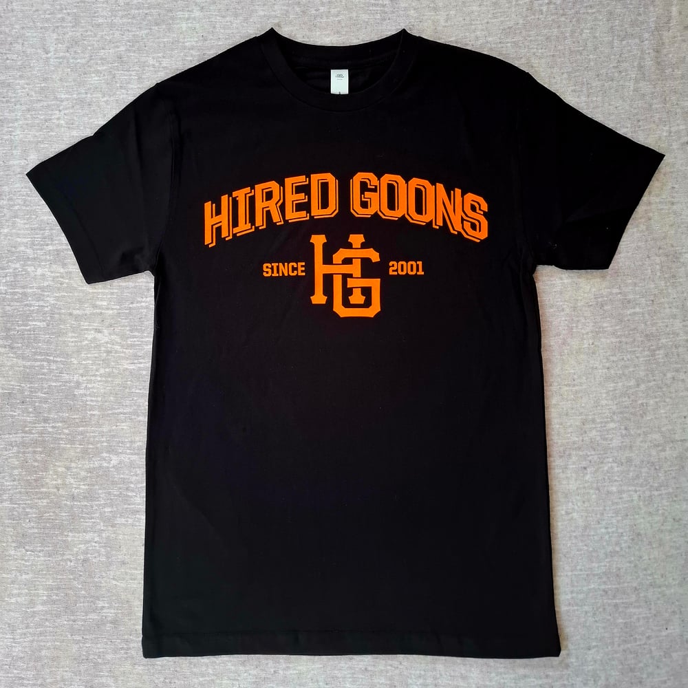 Image of Hired Goons "Boss Metal Zone" College shirt. Orange & Black.