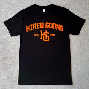 Image of Hired Goons "Boss Metal Zone" College shirt.   Orange & Black.