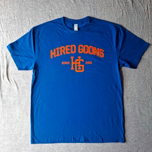 Image of Limited edition Hired Goons "Knicks" College shirt.  Orange & Blue