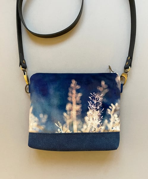 Image of Meadow grasses, velvet shoulder bag with crossbody strap