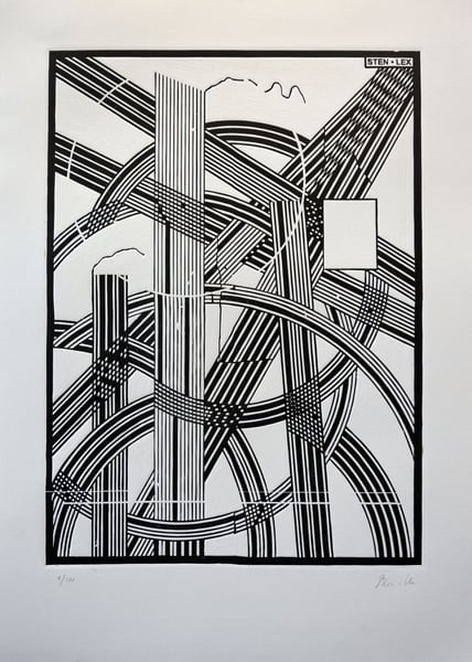 Image of STEN • LEX, PAESAGGIO INDUSTRIALE XXXII, LINOCUT, EDITION of 100.