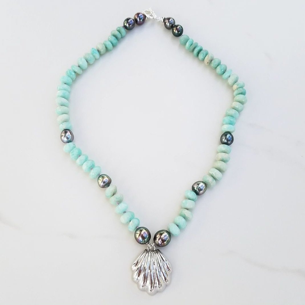 Vintage Silver Shell & Amazonite Necklace